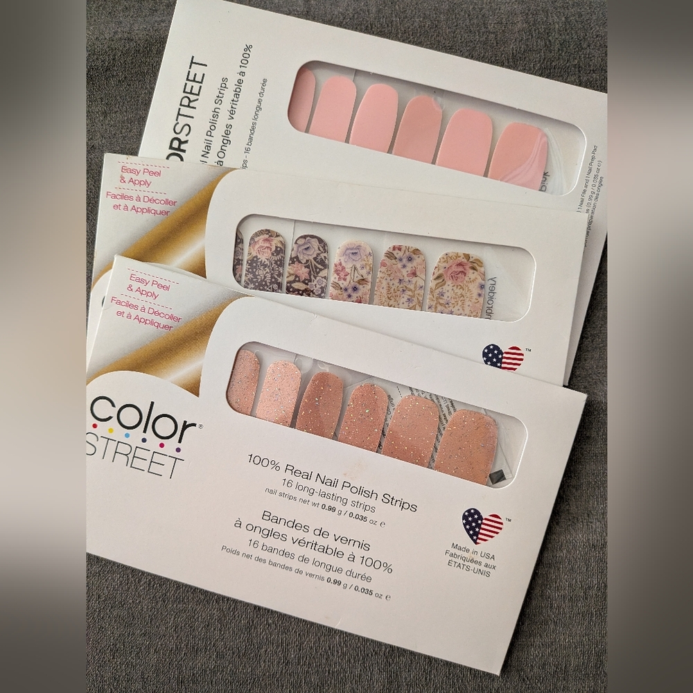 Color Street Pink Solid Floral & Peachy Glitter Nail Strips 3 Sets Brand New